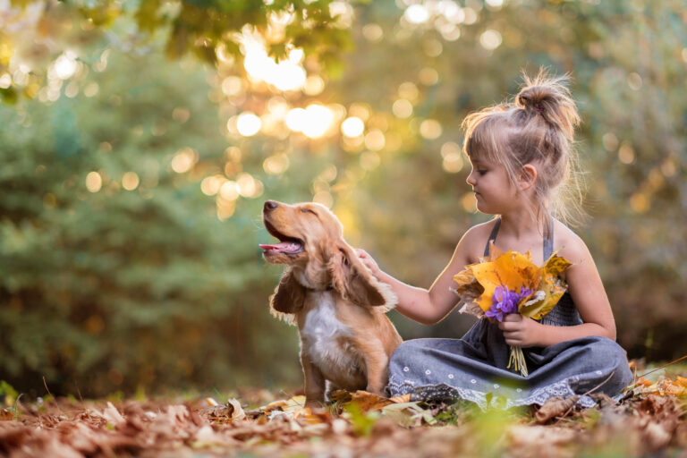 Une femme et son chien parmi les feuilles d’automne