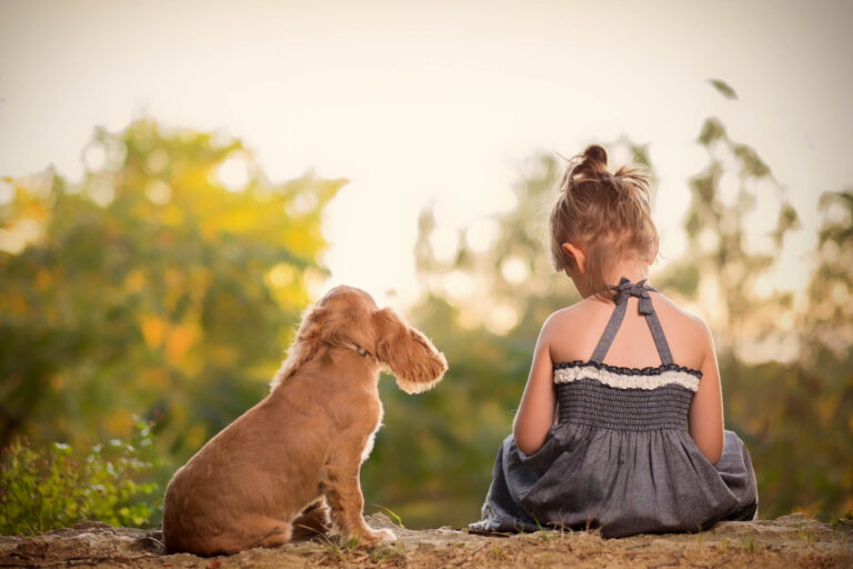 Une femme assise dans l’herbe avec son chien au soleil couchant