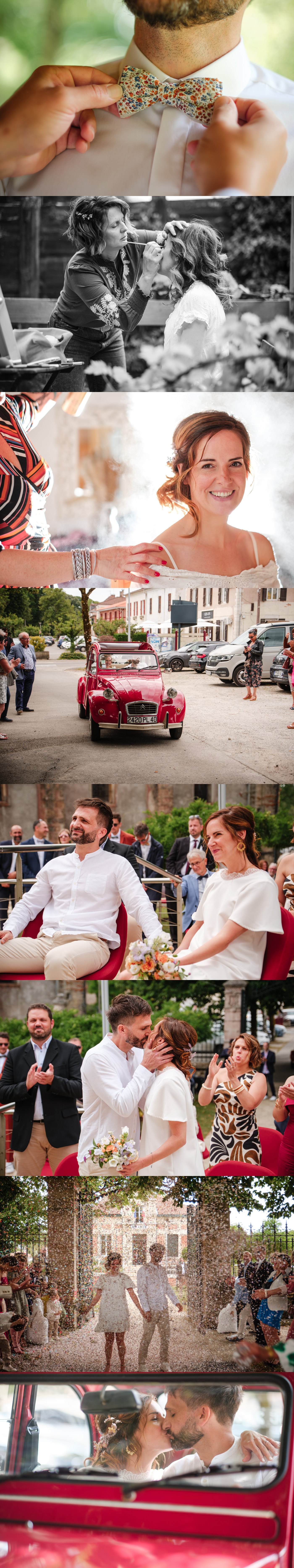 Reportages de mariage Pays Basque & Landes Un proche ajuste le nœud papillon de Julien.