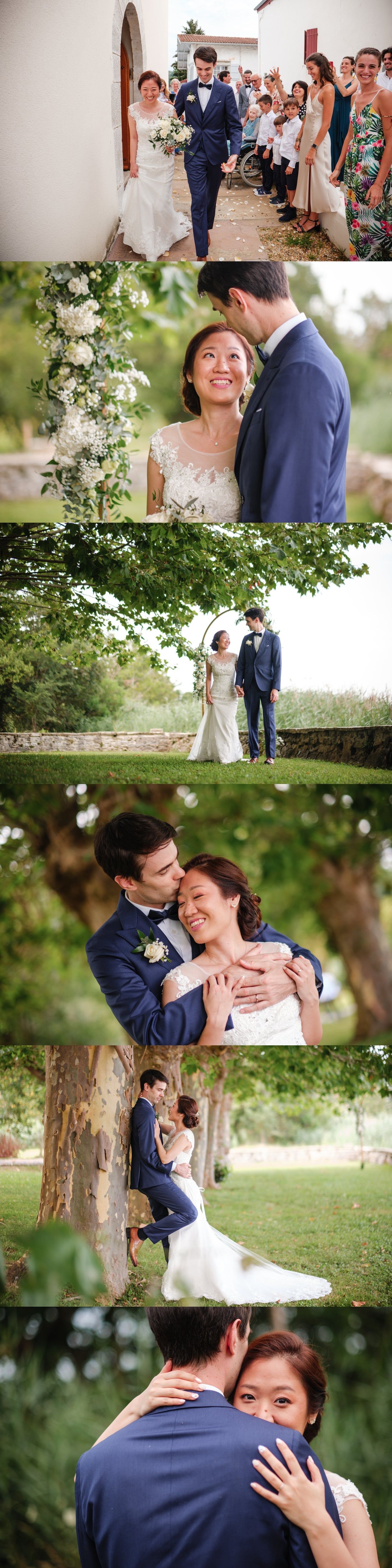 Reportages de mariage Pays Basque & Landes Bastien et Hyerim sortent de l’église entourés de leurs proches.