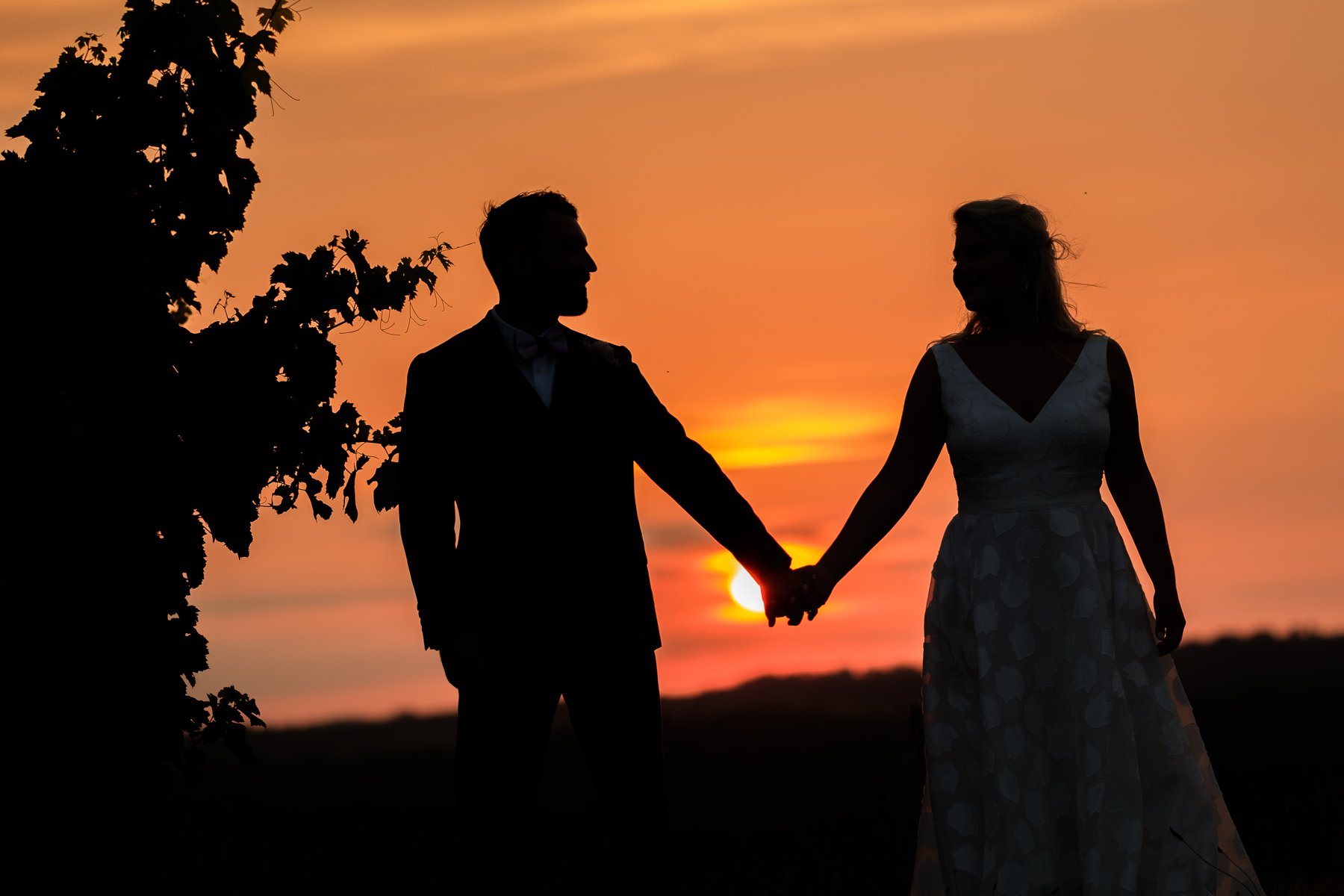 Reportages de mariage Pays Basque & Landes Silhouettes de Blandine et Lucas se tenant la main au coucher du soleil