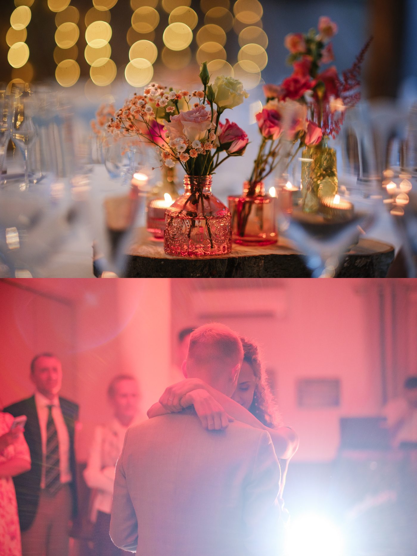 Reportages de mariage Pays Basque & Landes Décoration florale des tables sous les lumières de la réception.